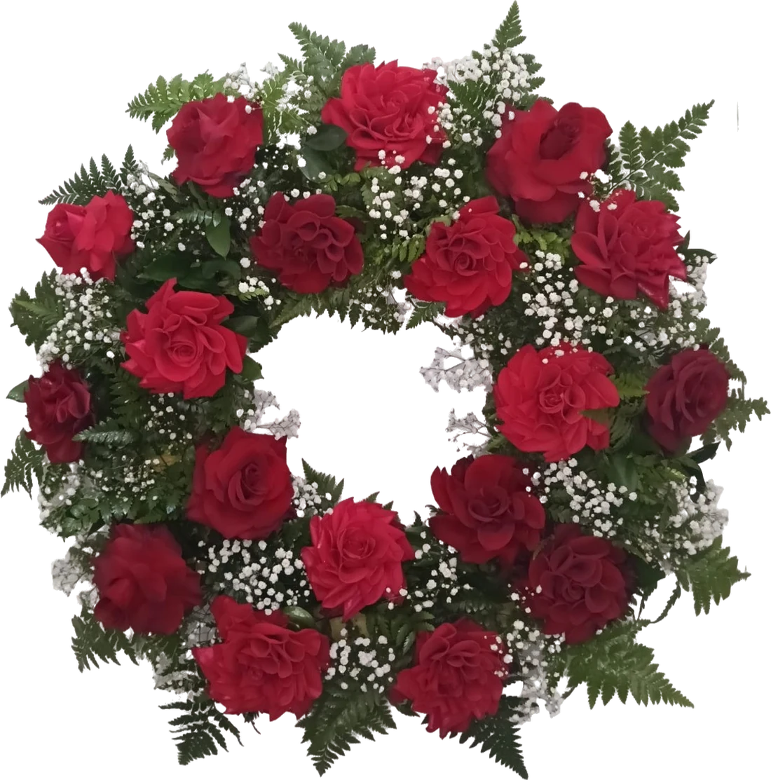 Corona redonda de rosas rojas con helecho y paniculata